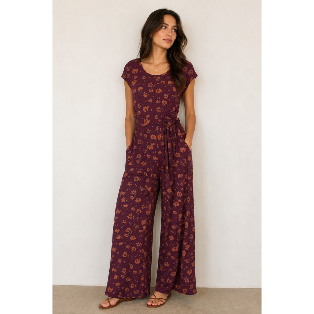 Pact Floral Wide Leg Jumpsuit L Burgundy Rust Tie Waist Pockets Romantic Boho
